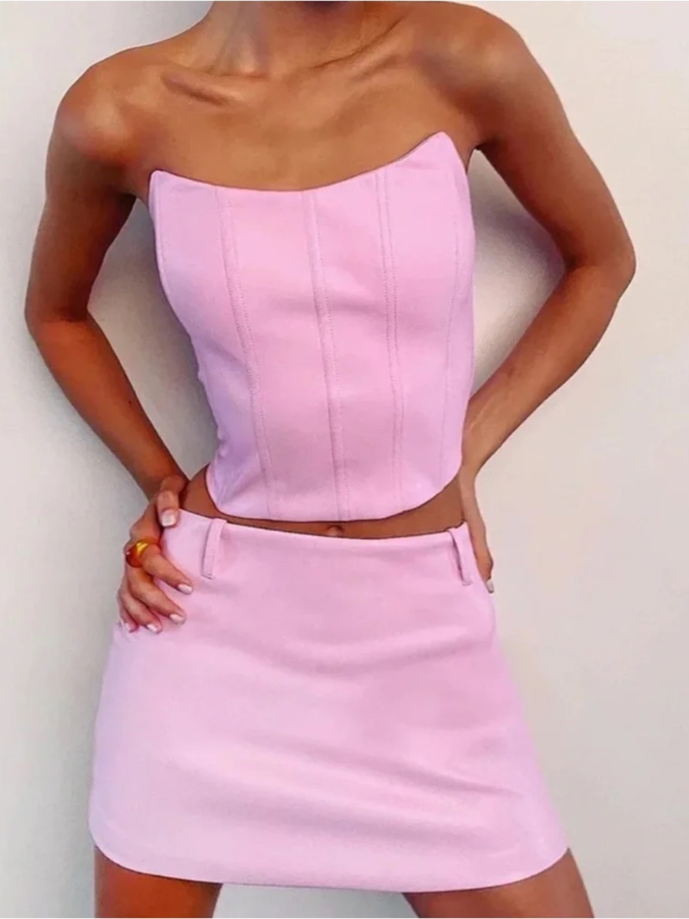 Tiger Mist Pink Faux Leather Set Corset Top & Mini Skirt Set